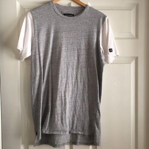 Men's gray with white sleeve Zanerobe long tee.